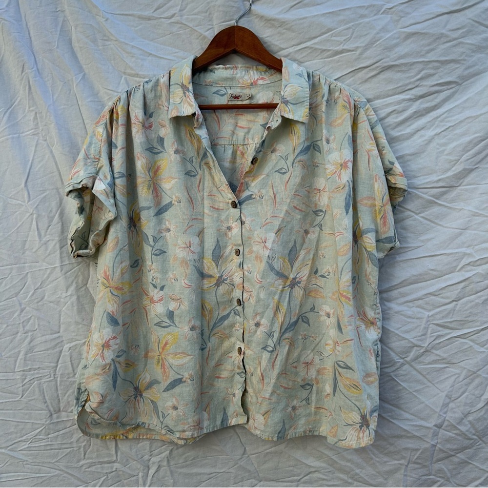 Faherty Hemp Floral Button Up Short sleeve Collared Shirt Size XL